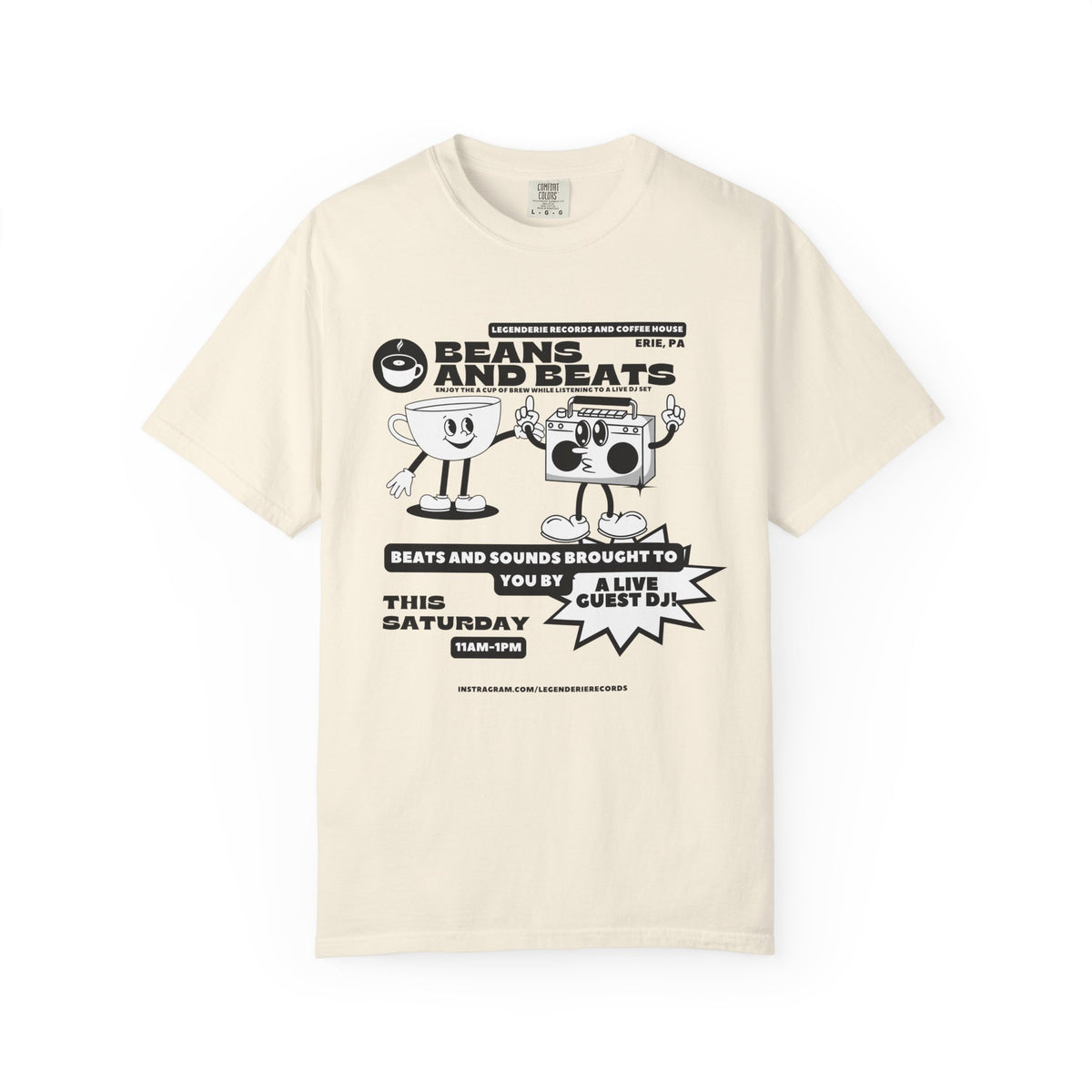 Beans and Beats Graphic T‑Shirt — Retro DJ Boombox & Vinyl Poster Tee