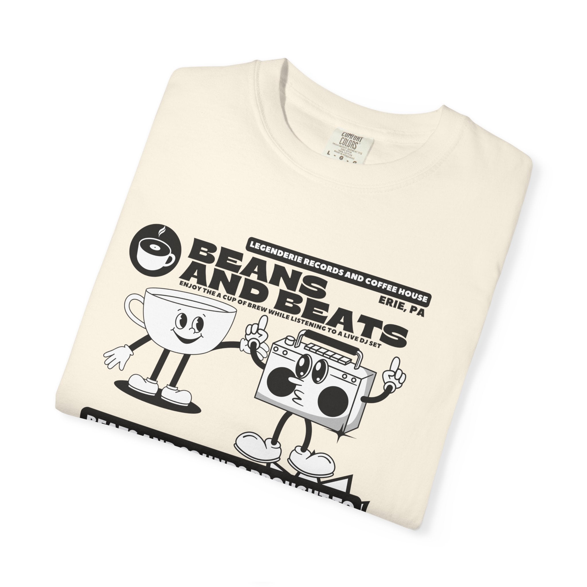 Beans and Beats Graphic T‑Shirt — Retro DJ Boombox & Vinyl Poster Tee