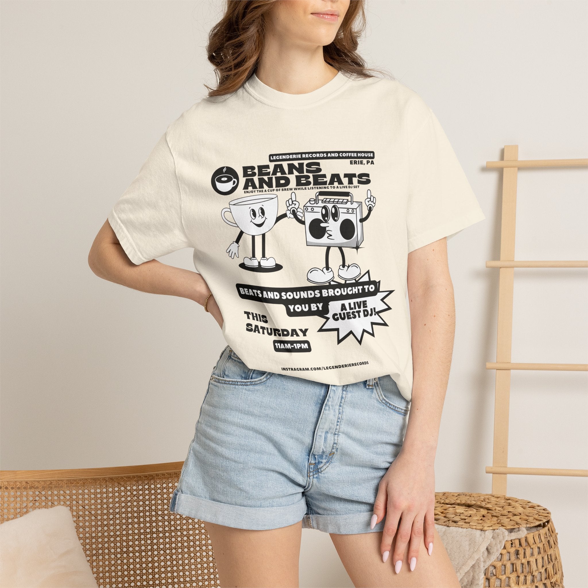 Beans and Beats Graphic T‑Shirt — Retro DJ Boombox & Vinyl Poster Tee
